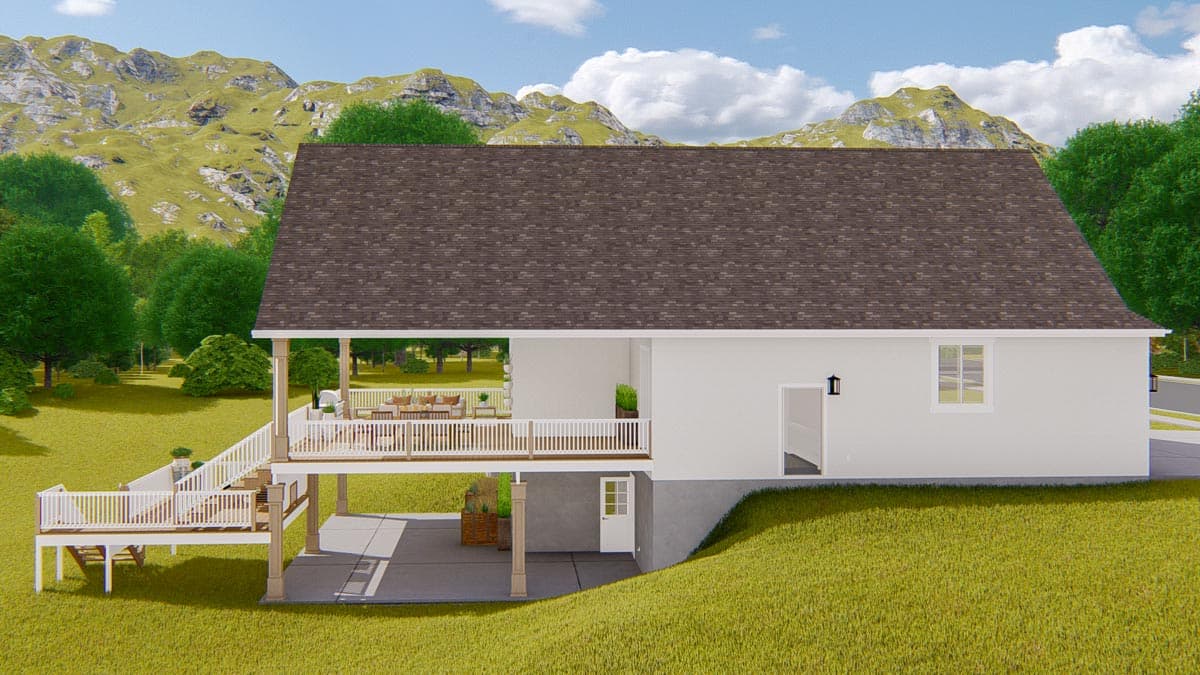 House plan exterior: Two-story white house with a covered upper deck, a lower deck with stairs, and a covered patio with a driveway.