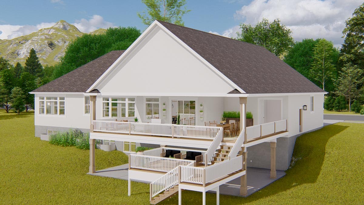 House plan exterior rendering: two-story home with large decks and multi-level outdoor living spaces.