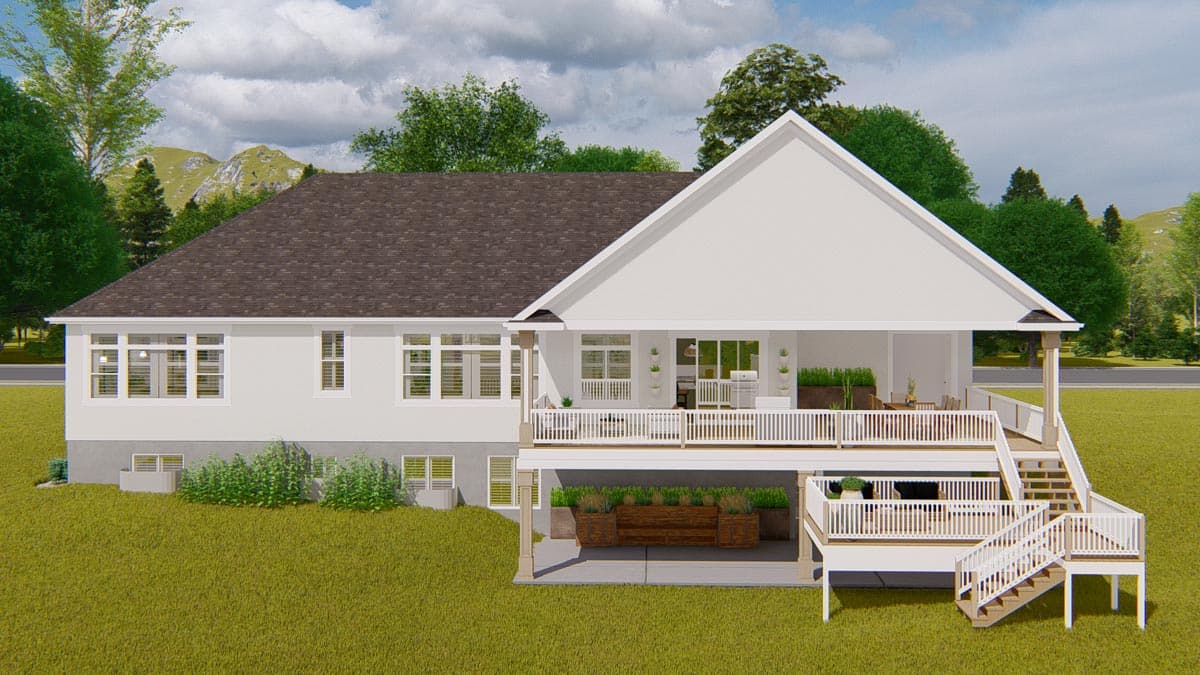 House plan exterior: Two-story Modern Farmhouse with a wrap-around deck, covered patio, and multiple staircases.