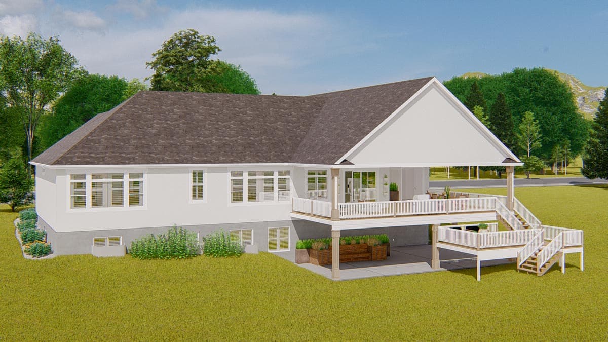 House plan exterior, one story with a large covered deck, multiple staircases, and numerous windows.