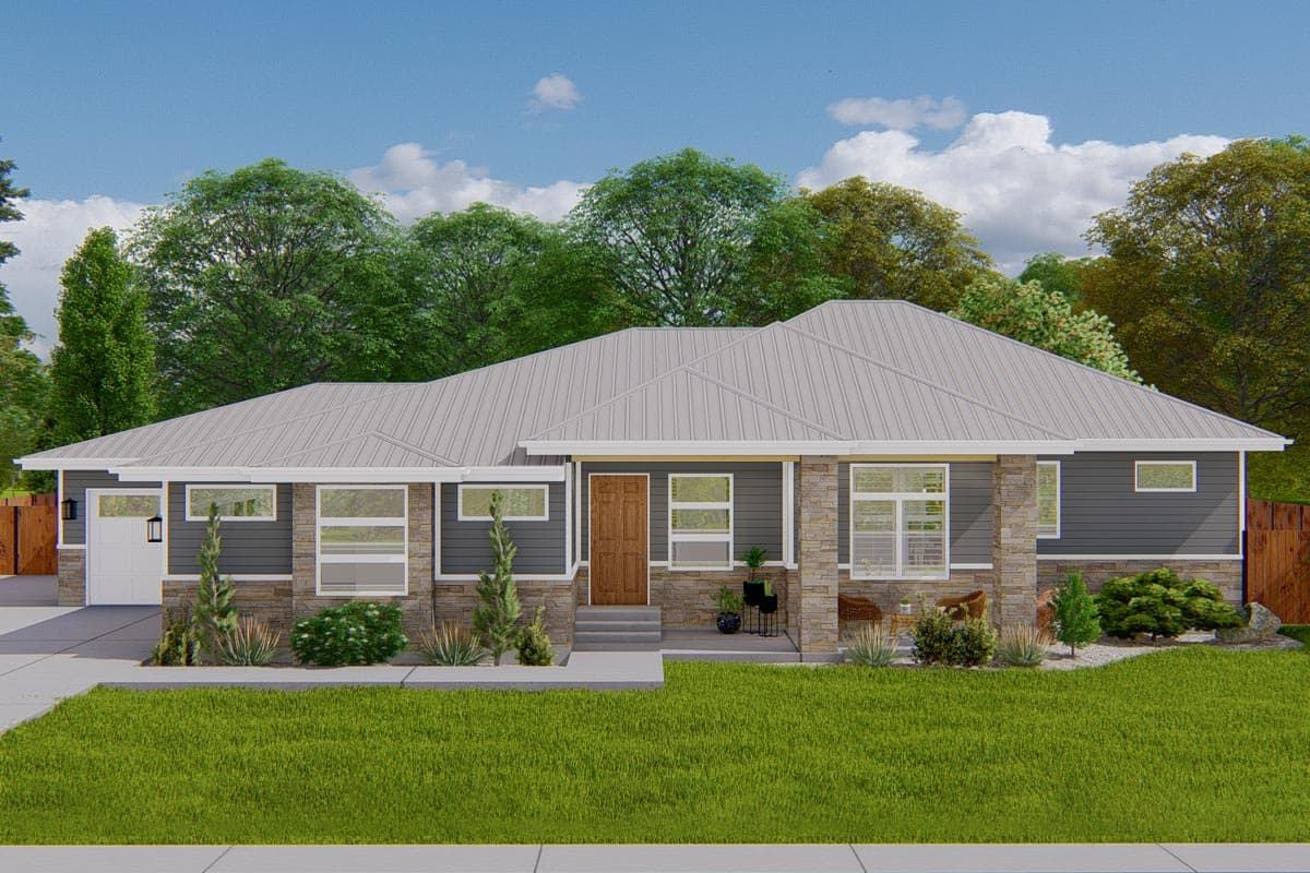 House plan exterior. Ranch style with a low-pitched roof, stone and siding facade, and a covered porch. Attached garage on left side.