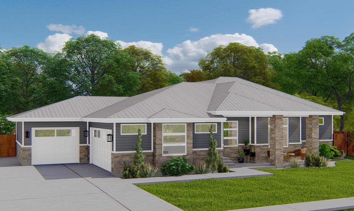 House plan exterior: Modern ranch home with metal roof, stone accents, front porch supported by stone columns, and a two-car garage.
