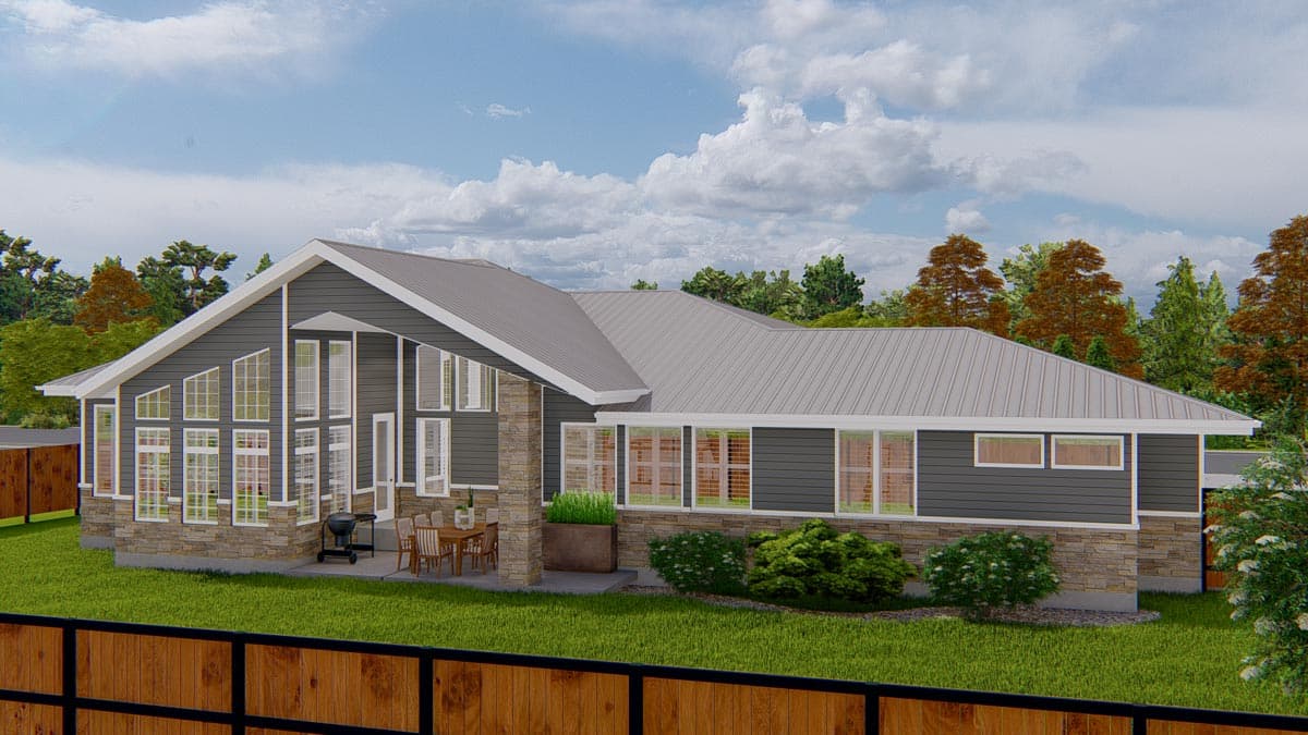 House plan exterior: one-story modern home with metal roof, stone and siding exterior, and a wall of asymmetric windows.
