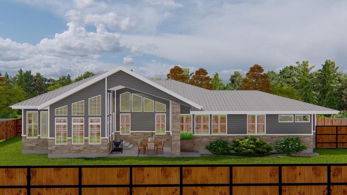 House plan exterior with a modern style, single-story, featuring a metal roof, stone skirting, and a series of large, trapezoidal windows.