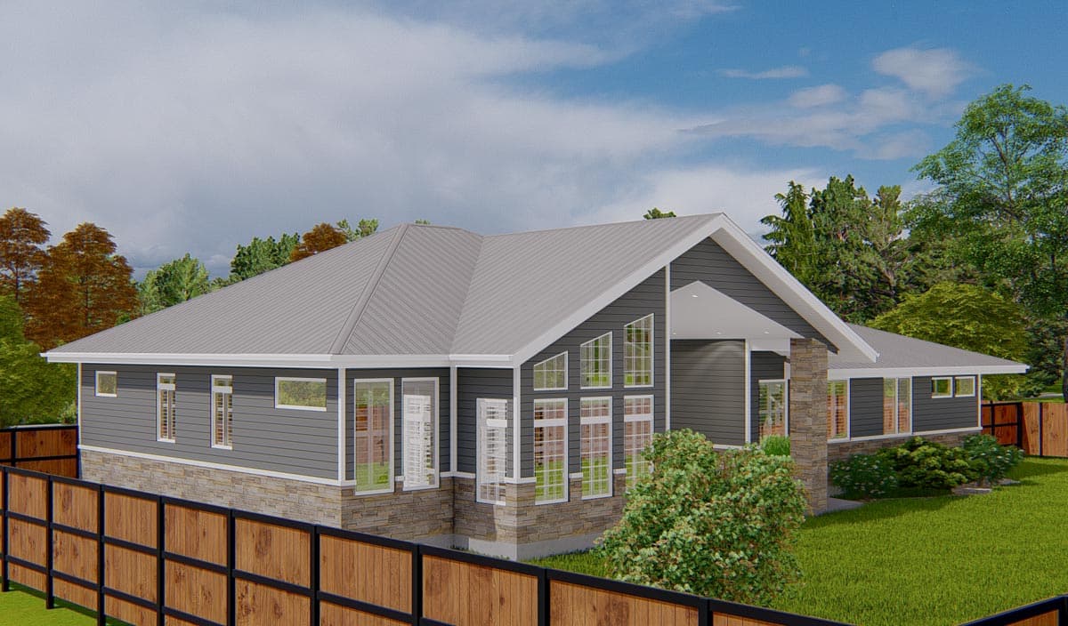 House plan exterior: modern ranch style with metal roof, stone and siding exterior, and multiple large window configurations.
