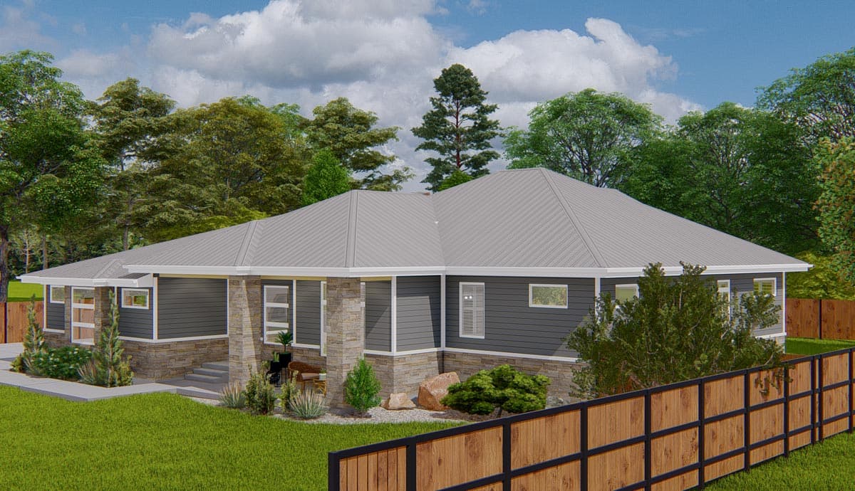 Single-story house plan exterior with a low-slope metal roof, stone accents, and a covered entry.