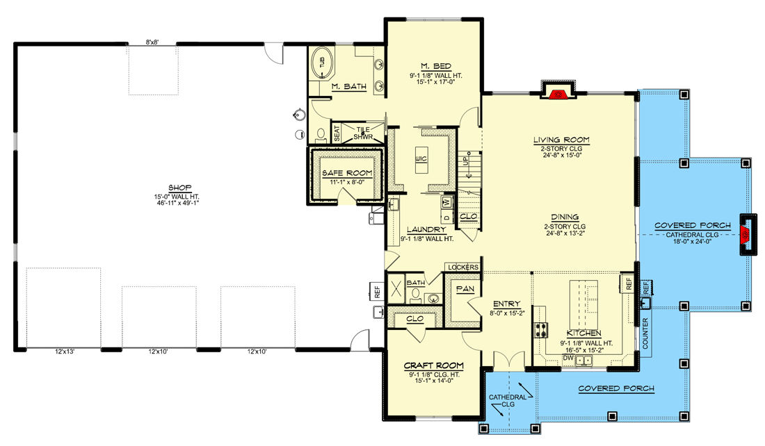 Plan 135095GRA: 3-Bed Barndominium-Style House Plan with Oversized Garage and Covered Porch - Floor Plan - Main Level - Barndominium, Country, Craftsman, Farmhouse, Modern Farmhouse, Rustic