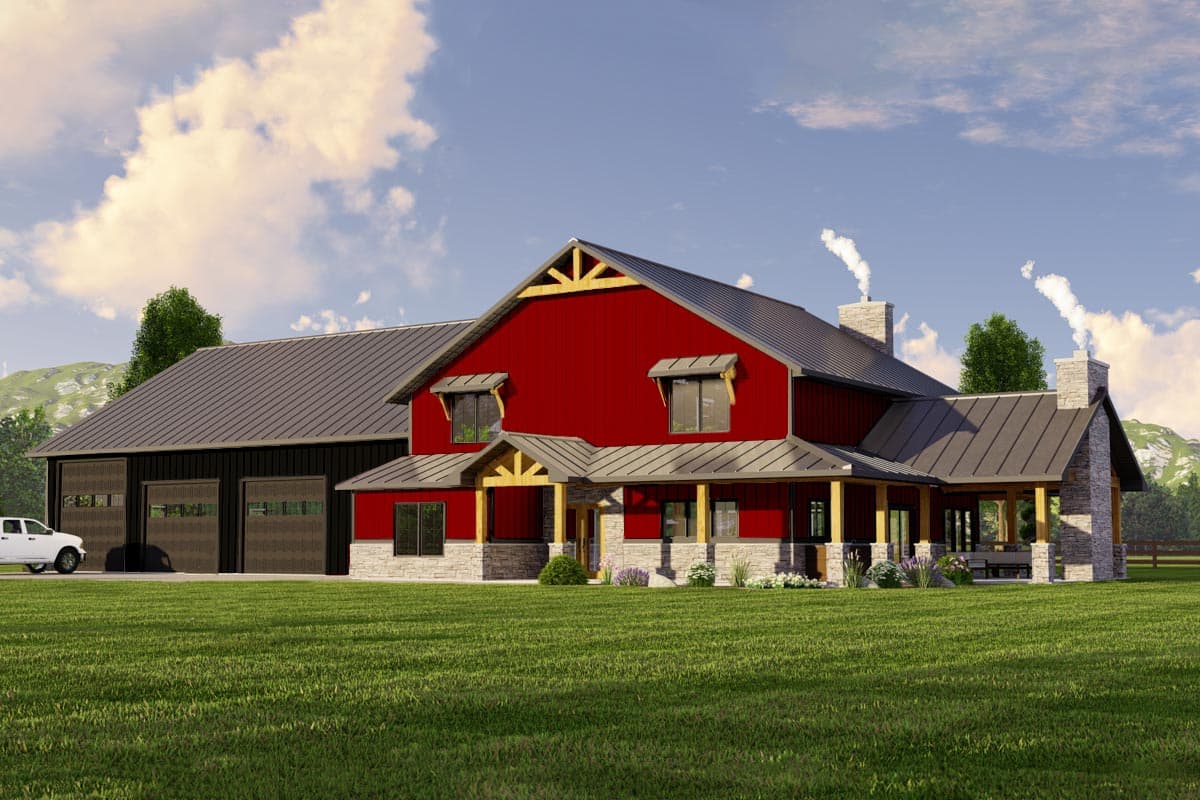 House plan exterior. Two-story barn-style house with a wraparound porch and gable roof. Includes a detached garage and stone chimney.