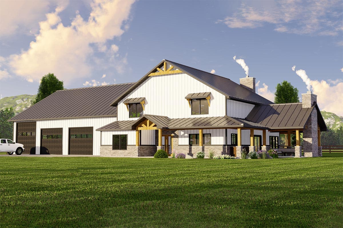 Modern farmhouse style house plan exterior with metal roof, stone foundation, large front porch, and attached three-car garage.