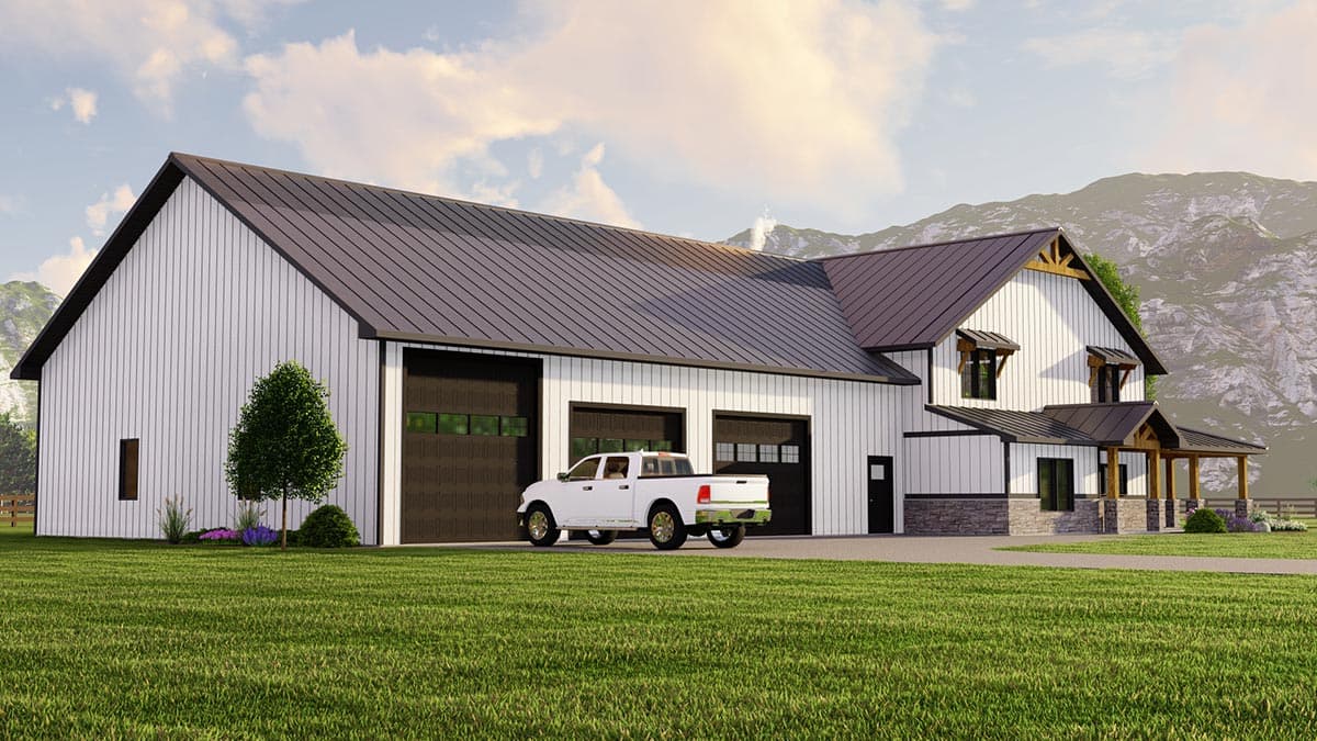 Modern Farmhouse house plan exterior with metal roof, three garage doors, gables, and covered porch with wood columns.