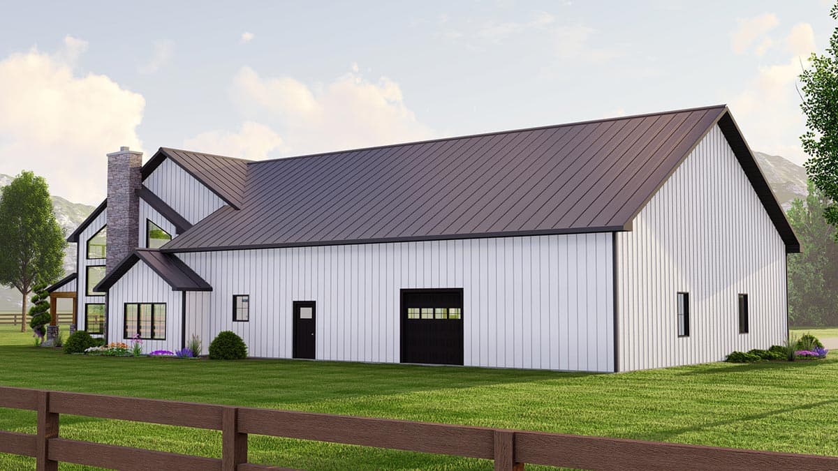 Modern Farmhouse house plan exterior with white vertical siding, dark metal roof, stone chimney, and attached garage.