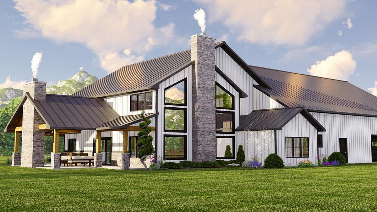 Modern Farmhouse house plan exterior, two stories, metal roof, stone chimney, prominent gables, covered porch.