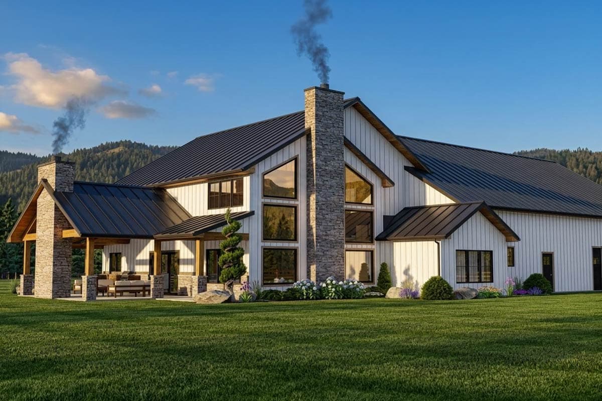 Modern Farmhouse house plan exterior, two stories, metal roof, stone chimney, prominent gables, covered porch.
