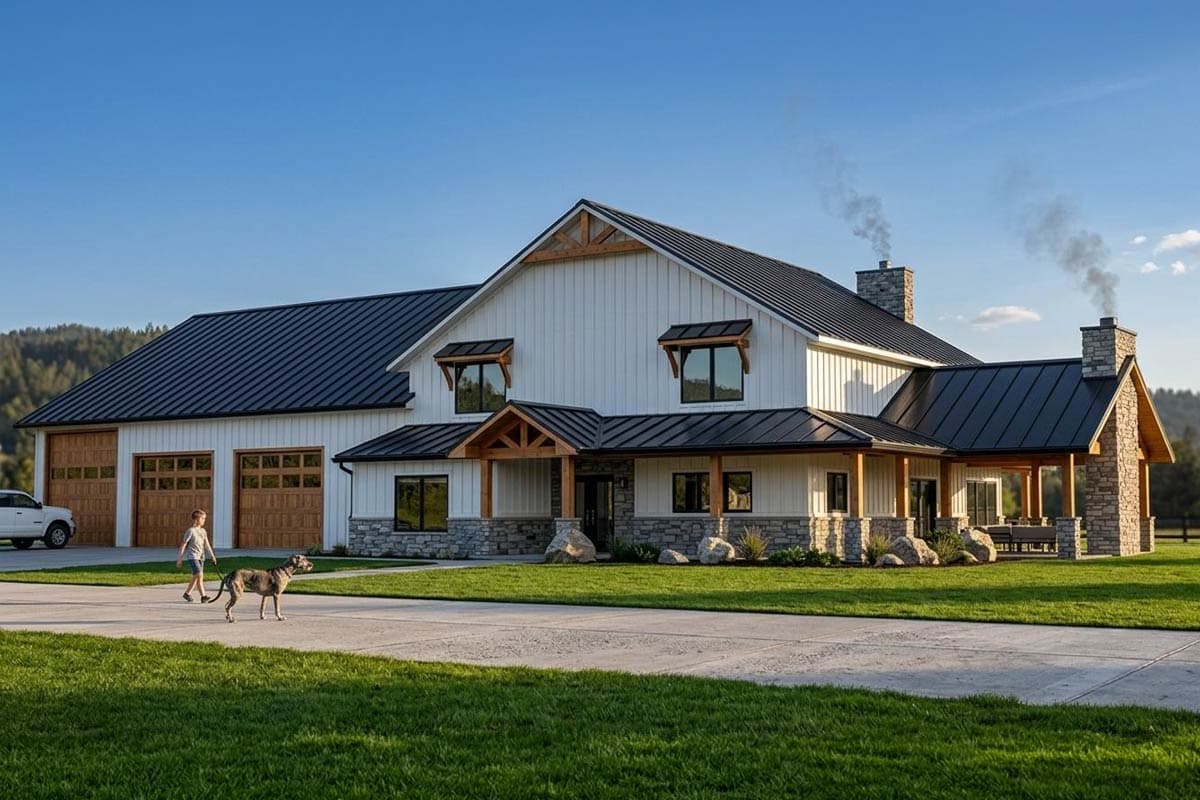 House plan exterior. Two-story barn-style house with a wraparound porch and gable roof. Includes a detached garage and stone chimney.