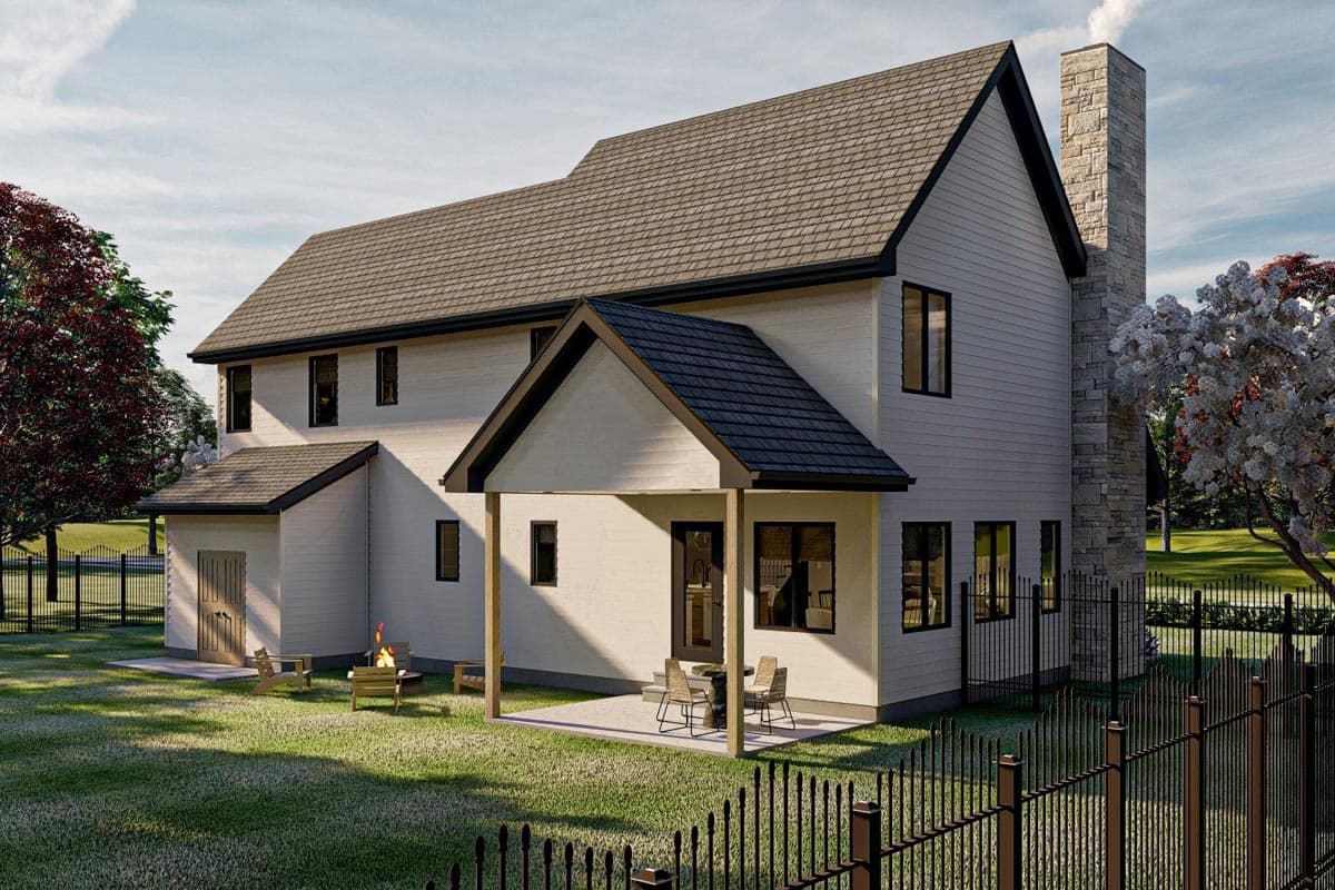 Two-story house plan exterior with horizontal siding, gabled dormers, covered patio, and stone chimney.