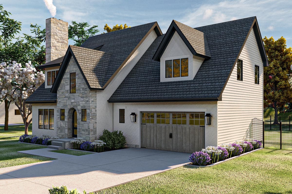 House plan exterior: Two-story Modern Farmhouse with stone facade, arched entry, dormers, and attached garage.
