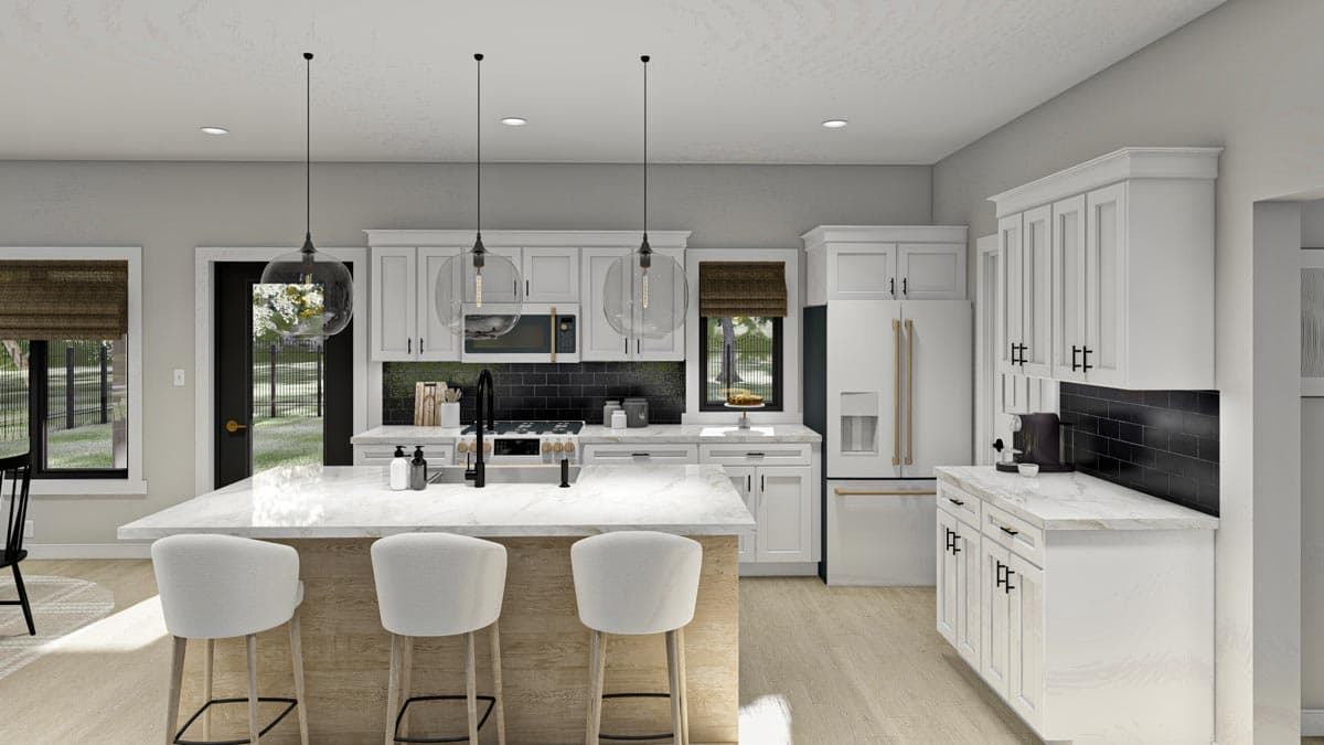 Kitchen with white cabinets, large island with seating, black subway tile backsplash, and stainless steel appliances.