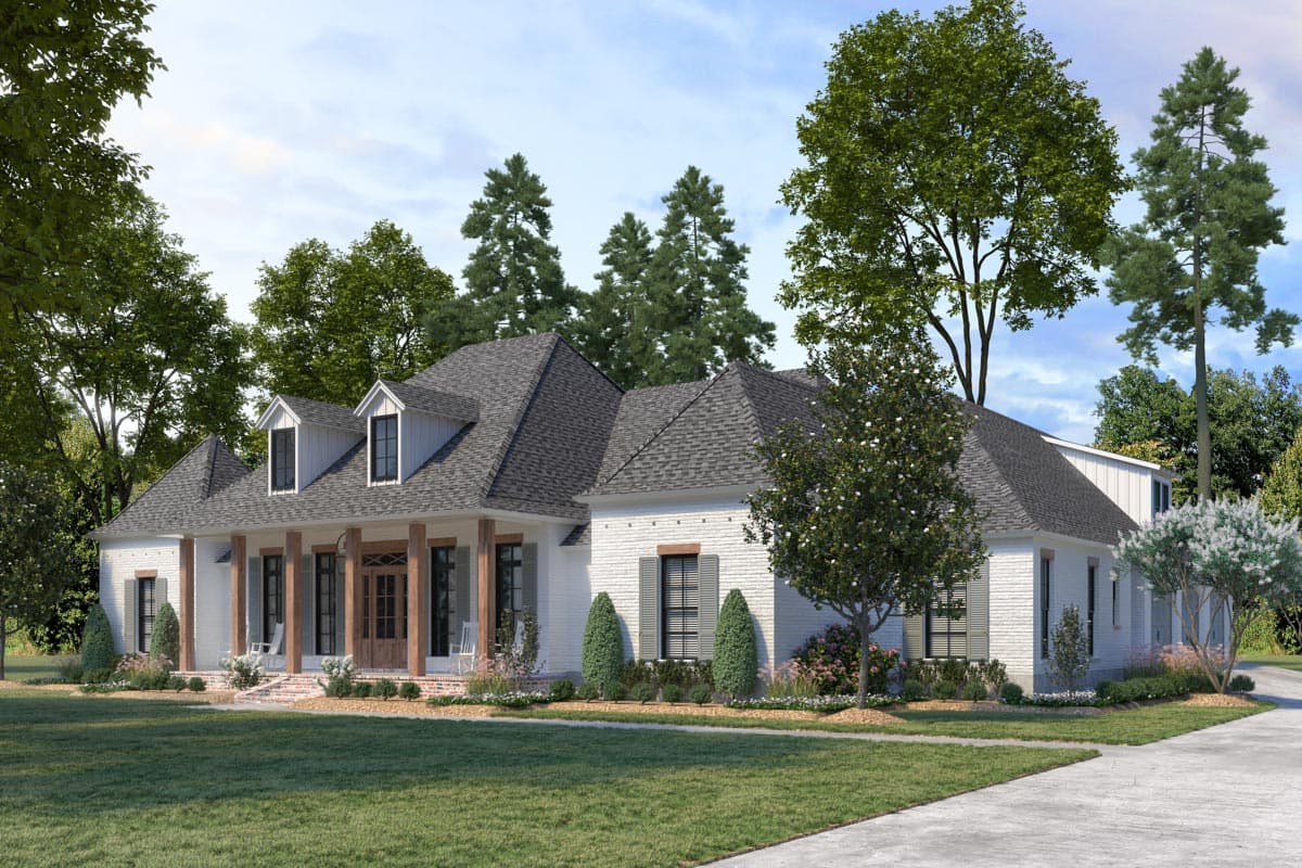 House plan exterior. One-story Modern Farmhouse with dormers, a covered front porch supported by columns, and a gabled roofline.