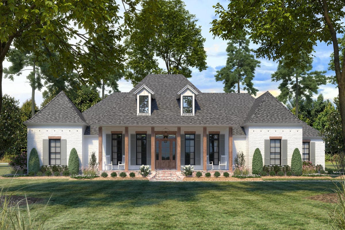 House plan exterior, single-story brick home with a prominent covered porch, gabled dormers, and asymmetrical rooflines.