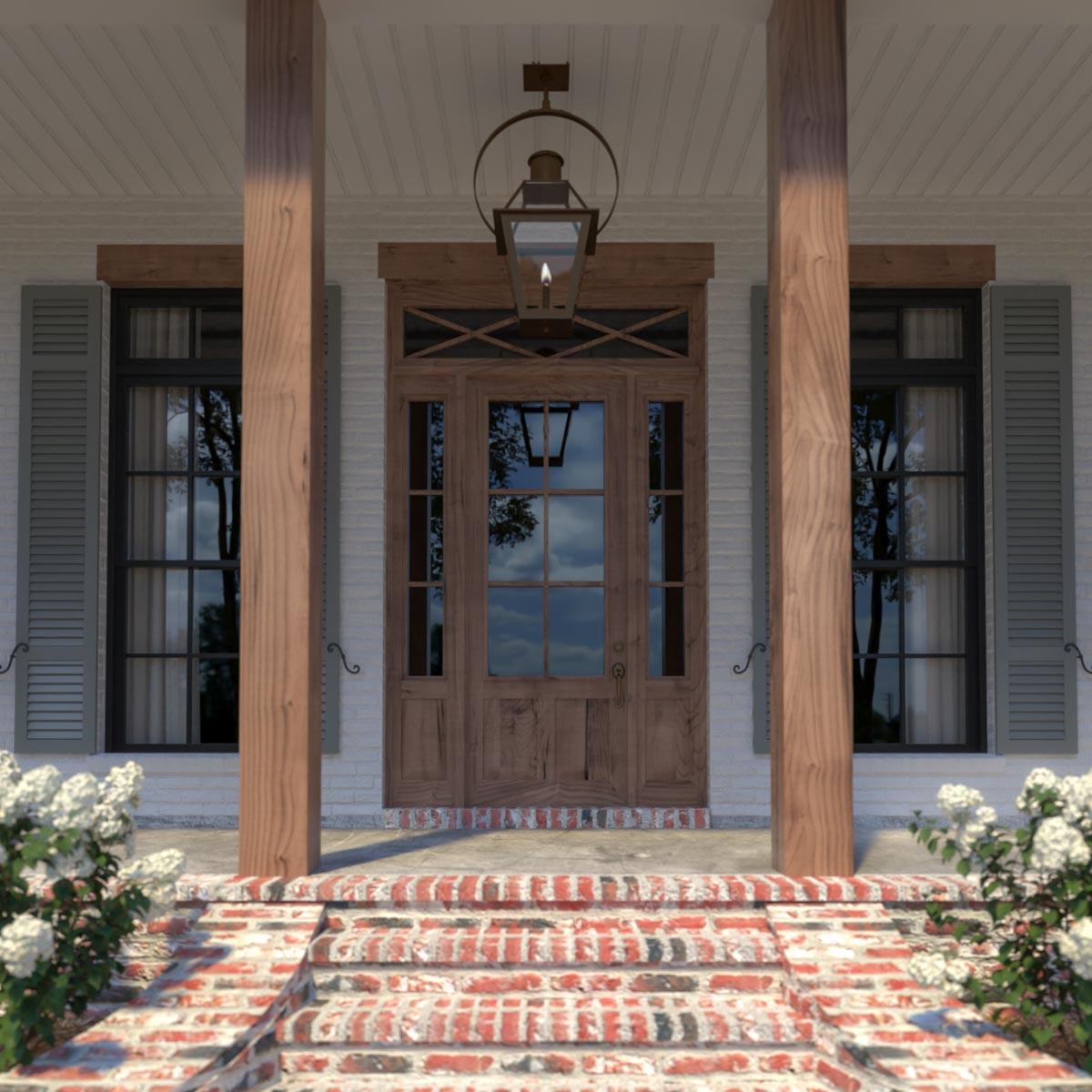 House plan exterior: Farmhouse style, covered porch with wood columns, double entry doors, sidelights, shutters, and brick steps.