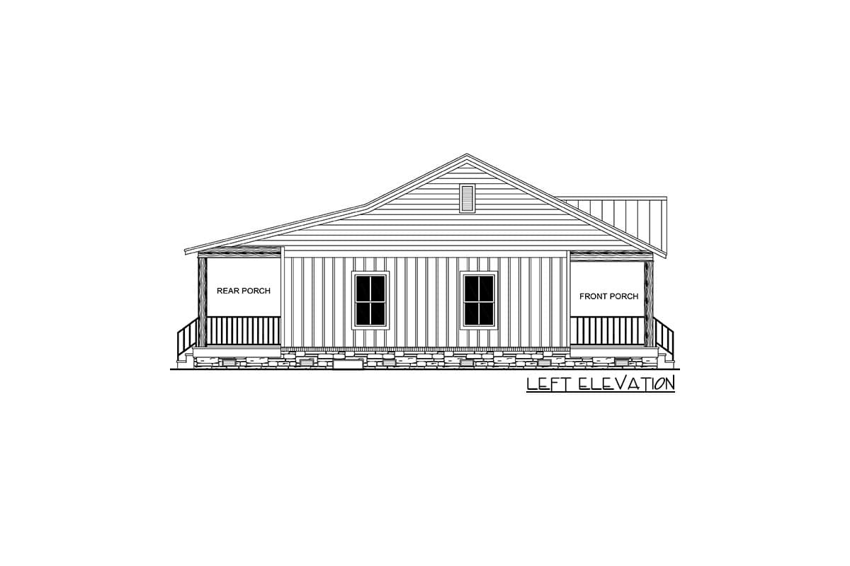 Left elevation house plan showing a single-story structure with a prominent gable roof, front and rear porches, and stone foundation.
