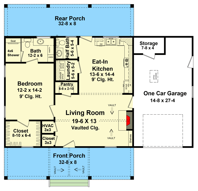 Plan 51198MM: One Bed Cottage House Plan with Vaulted Living Room and a 1-Car Garage - Floor Plan - Main Level - Cottage, Country, Craftsman, Rustic, Southern, Traditional