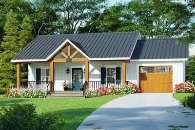One Bed Cottage House Plan with Vaulted Living Room and a 1-Car Garage