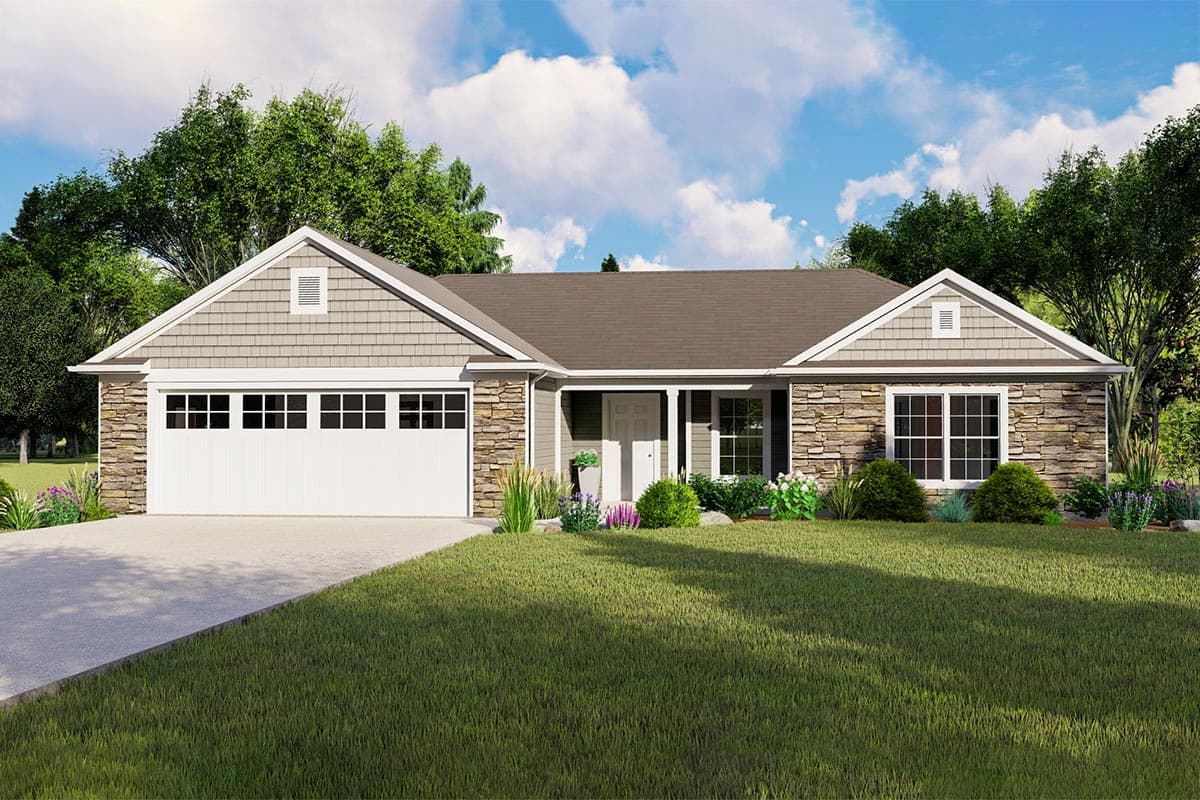 House plan exterior. Ranch style with stone accents, a two-car garage, and gabled rooflines. Includes a covered porch and decorative trim.