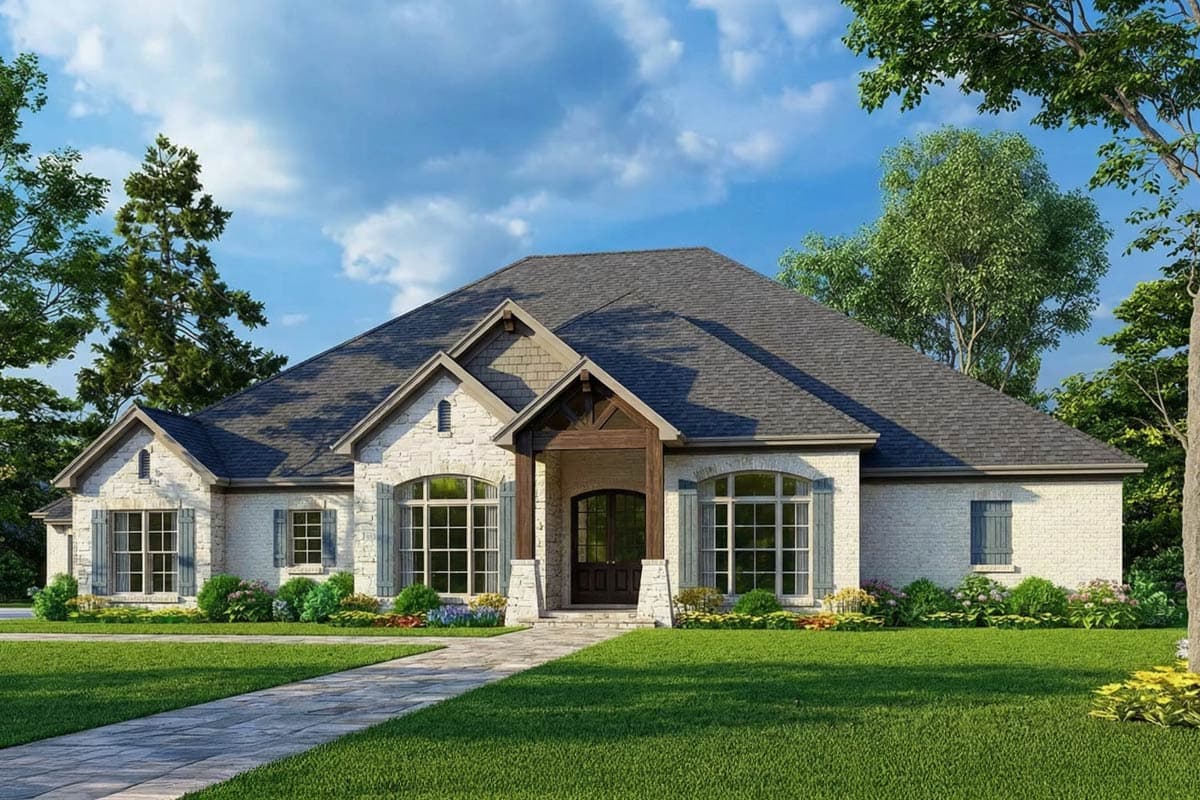 House plan exterior. Single-story, brick facade, arched windows, and a covered front entry with gable. A dark, hipped roof is featured.
