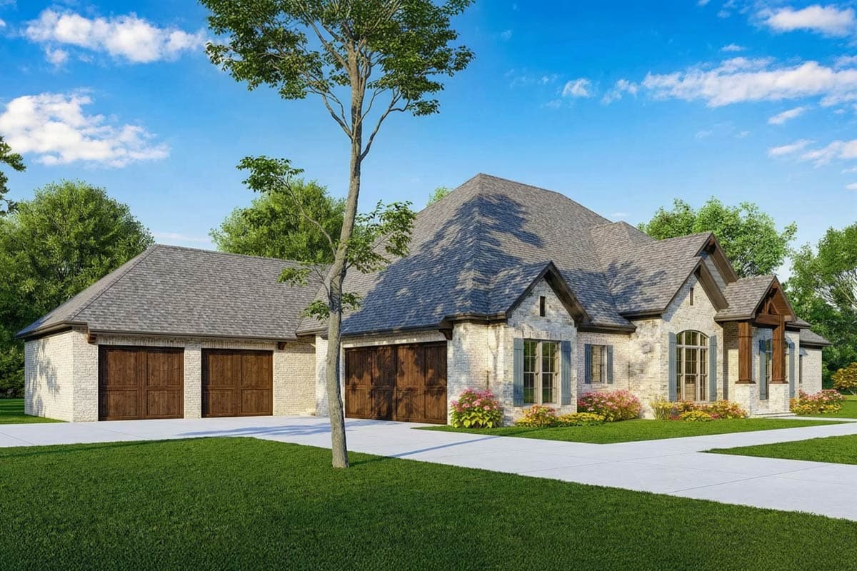 House plan exterior rendering: one-story home with stone facade, prominent gables, and a side-entry three-car garage.