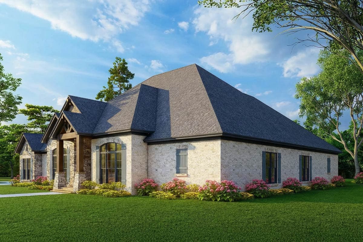 House plan exterior: One-story brick home with prominent gables, stone accents on porch, and arched windows.