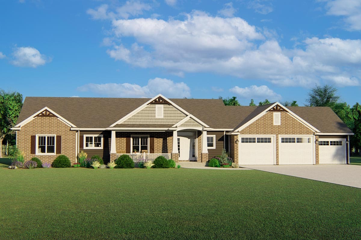 House plan exterior. Single-story Ranch-style home with gabled roof, brick facade, covered porch, and attached garage with multiple bays.