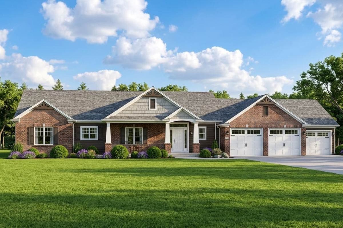 House plan exterior. Single-story Ranch-style home with gabled roof, brick facade, covered porch, and attached garage with multiple bays.