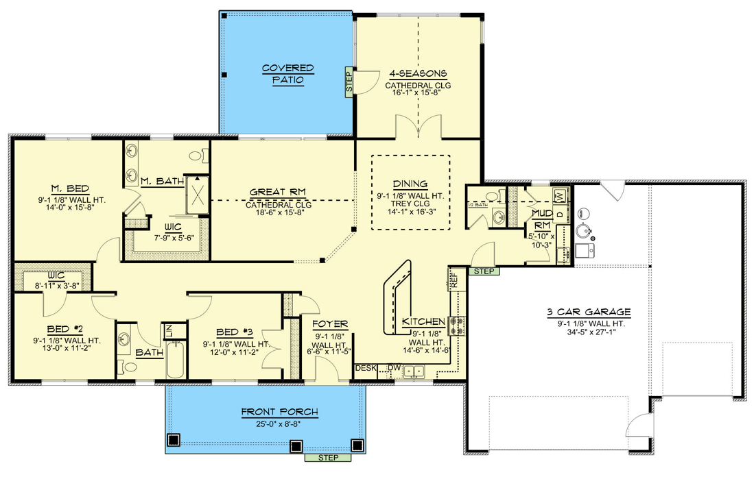 Plan 135107GRA: 3-Bed Traditional Ranch Plan with 4-Seasons Room - Floor Plan - Main Level - Ranch, Traditional