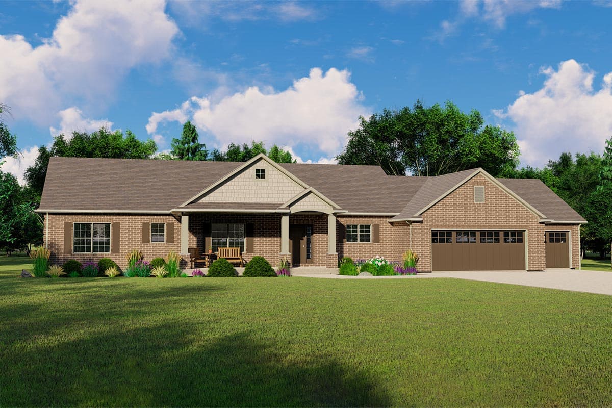 House plan exterior with brick facade, single story, front porch with columns, and attached garage. Gable roof and dormer detail.