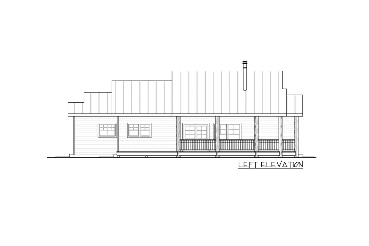Left elevation house plan showing a single-story structure with a wraparound porch, metal roof, and multiple windows.