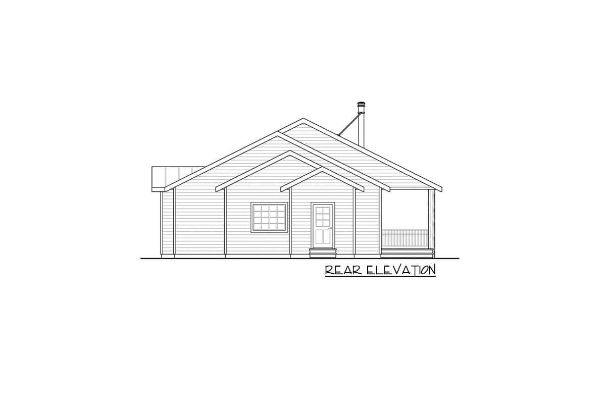 Rear elevation drawing of a one-story house with a central gable, window, door, and covered porch.