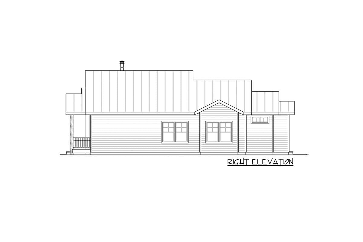 House plan right elevation drawing showing a 1.5-story structure with a gabled dormer, metal roof, and covered front porch.