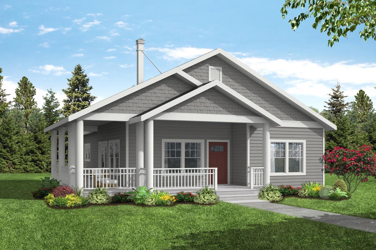 House plan exterior with a front porch, gable roof, and vertical siding. Features include a centered chimney and a covered front porch.