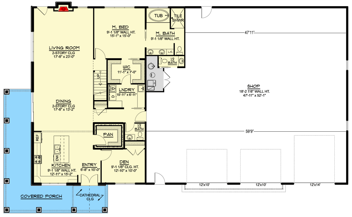 Plan 135108GRA: 3-Bed Barndominium-Style House Plan with Oversized Shop and Wraparound Porch - 3055 Sq Ft - Floor Plan - Main Level - Barndominium, Country, Craftsman, Modern Farmhouse, Rustic
