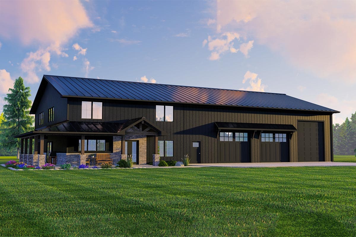 House plan exterior with two stories, a covered porch with stone columns, and a large garage. Features a metal roof and dark siding.