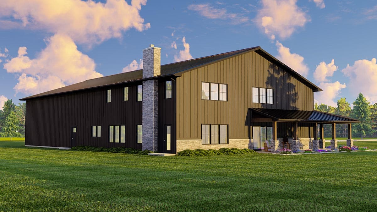 House plan exterior: Two-story Modern Farmhouse with vertical siding, stone chimney, gabled roof, and covered porch with stone pillars.