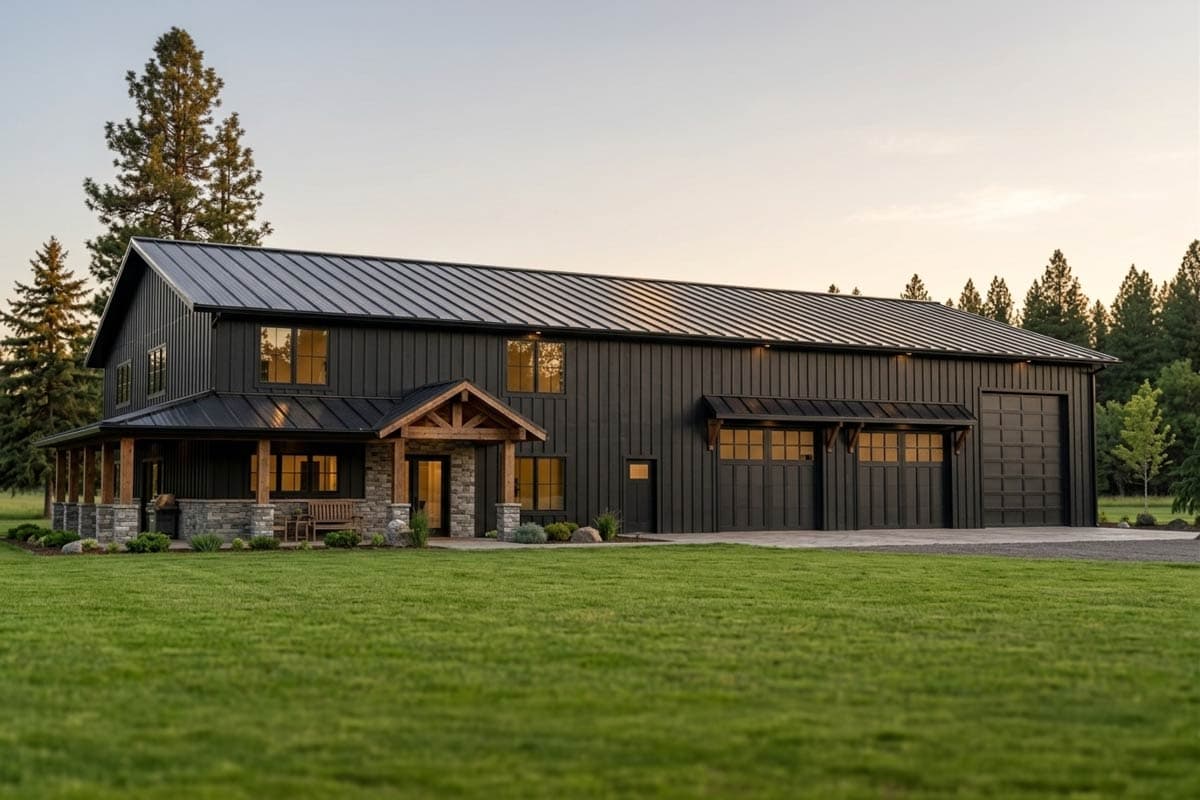 House plan exterior with two stories, a covered porch with stone columns, and a large garage. Features a metal roof and dark siding.