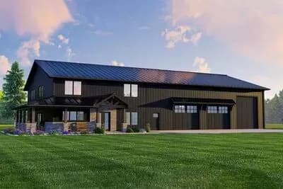 3-Bed Barndominium-Style House Plan with Oversized Shop and Wraparound Porch - 3055 Sq Ft