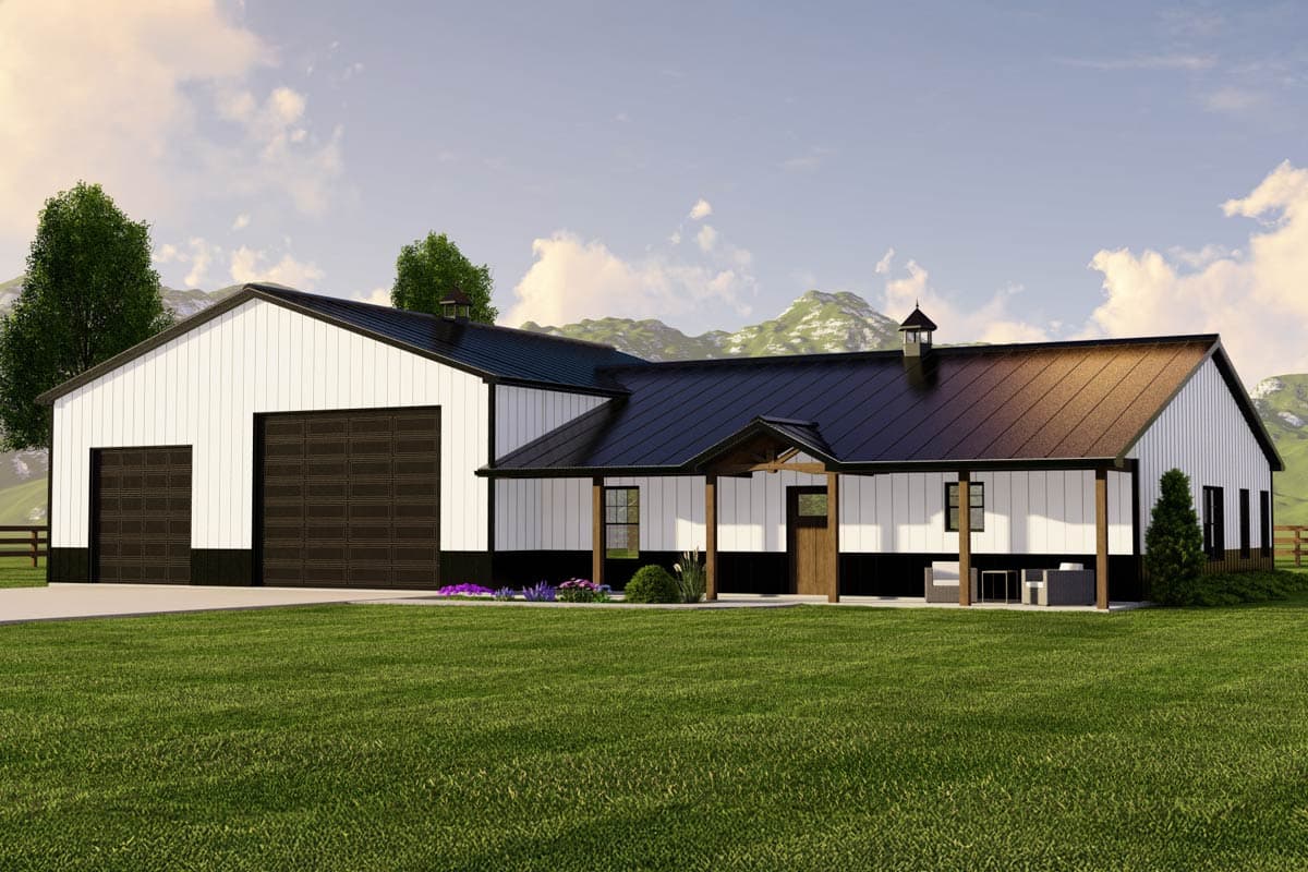 House plan exterior. Two-story Modern Farmhouse style with a covered porch and a gabled roof. Includes a two-car garage with black trim and door.