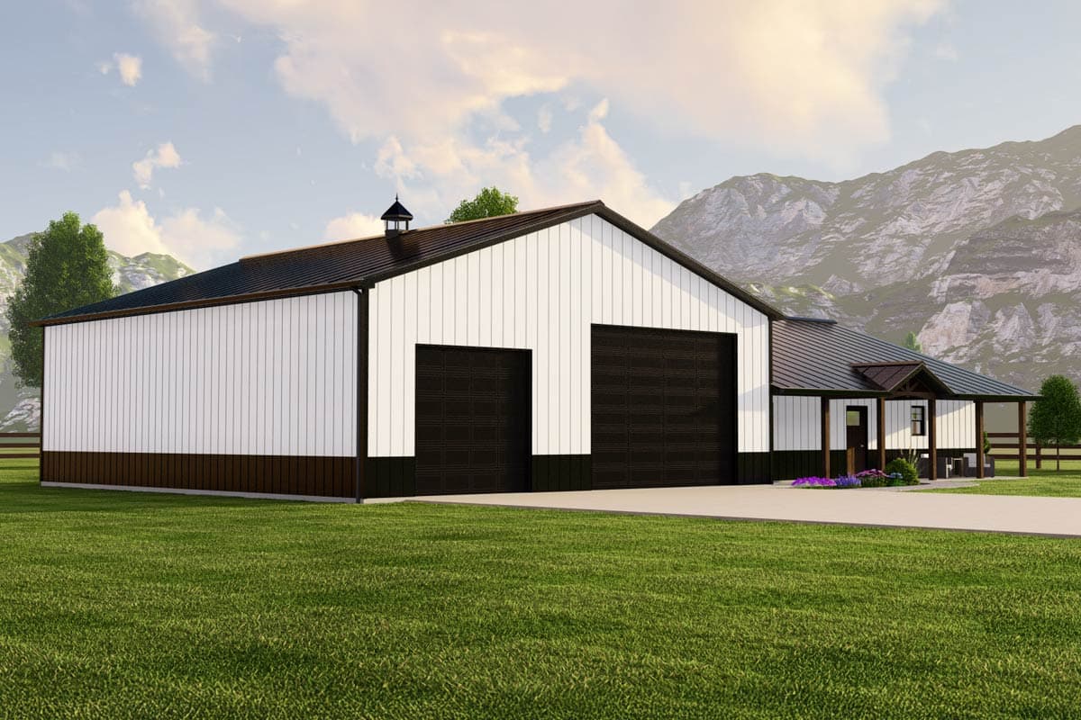 House plan exterior with two garage doors, a covered porch with pitched roof, and metal siding.