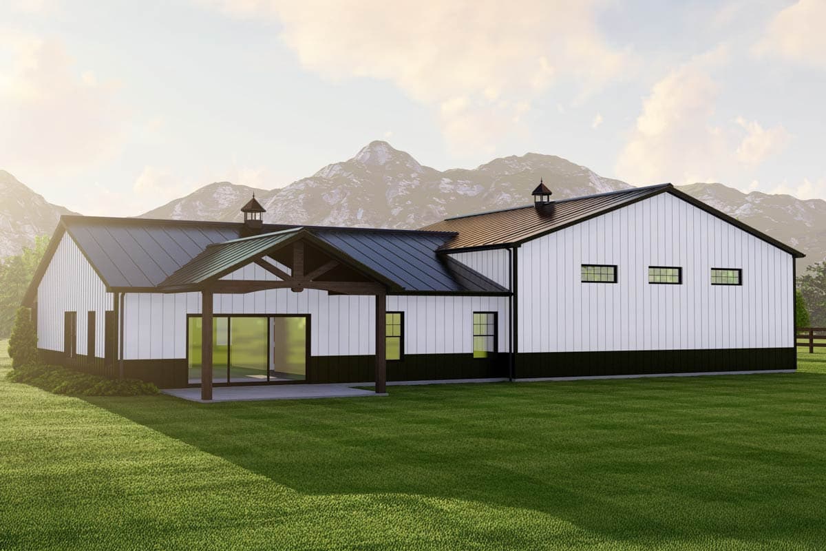 Modern ranch house plan exterior with white vertical siding, dark trim, metal roof, covered patio with exposed beams, and multiple windows.