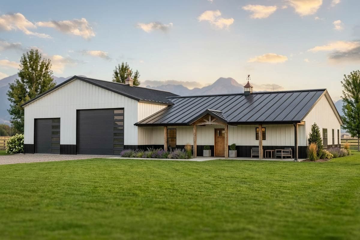 House plan exterior. Two-story Modern Farmhouse style with a covered porch and a gabled roof. Includes a two-car garage with black trim and door.