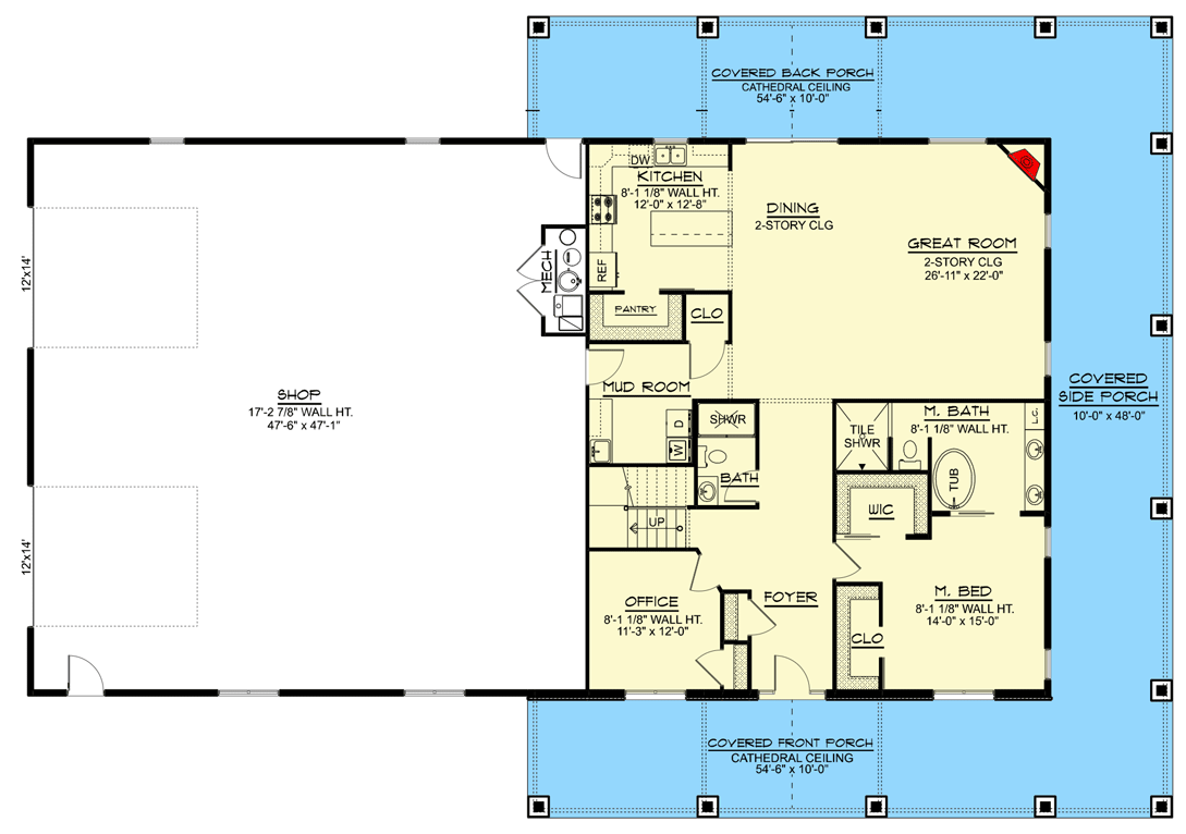 Plan 135110GRA: 2-Story Barndominium with Home Office and Wraparound Porch - Floor Plan - Main Level - Barndominium, Country