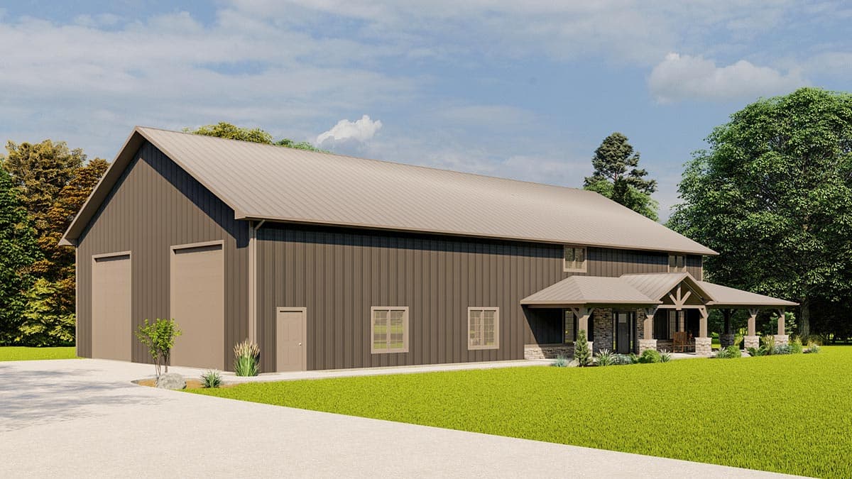 House plan exterior with a metal roof, two garage doors, a covered porch with stone accents, and wood posts.
